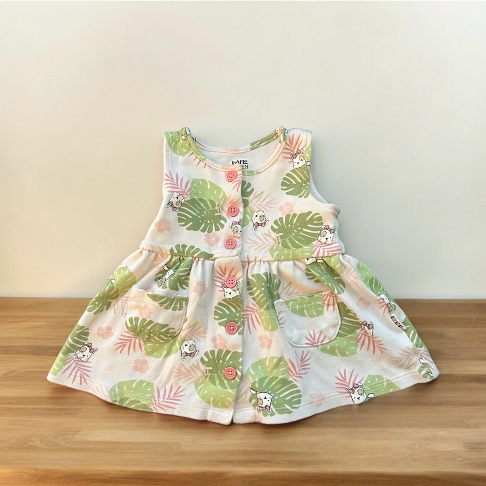 Love Ellen Degeneres Baby Girl Dress Dog Leaf Floral Pocket Button Size 3-6M